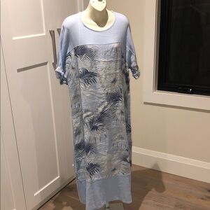 100% Italian Linen Blue Palm Print Maxi Dress